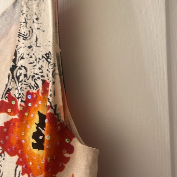 Chico's silk blend cream orange red black v-neck floral print and sequins shell - Picture 6 of 7